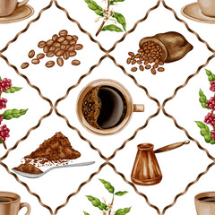 Hand painted watercolor seamless pattern with coffee beans, cup, Turk pot, branches, and ground coffee. Suitable for cafe, shop, menu, and packaging.
