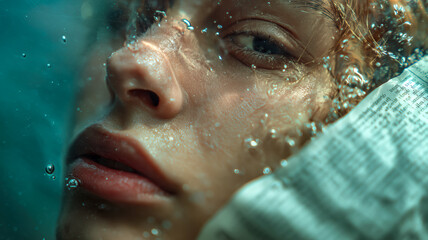 Submerged in Thought: A pensive face, partially underwater, adorned with bubbles, evoking contemplation and depth, the texture of thought.
