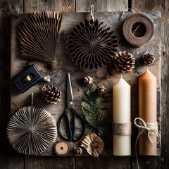 Rustic Christmas Flat Lay with Pinecones Candles and Natural Holiday Decorations