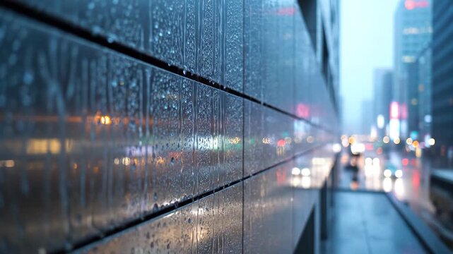 Raindrops on glass wall reflecting city street with blurred lights and tall buildings in background