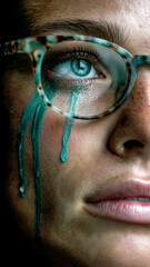 Close-up portrait featuring a person's eye with glasses, stylized tears of color, creating a striking and evocative image.