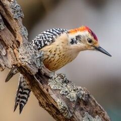 Red-Bellied Woodpecker Perched on Lichen-Covered Branch in Natural Forest Habitat