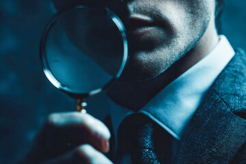 Man in a suit examining with a magnifying glass focused on mystery and investigation concept under dim blue lighting conditions