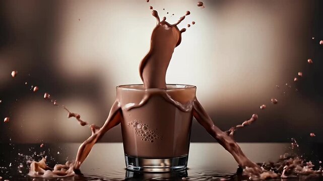 A dynamic close-up shot captures rich, creamy chocolate liquid dramatically splashing out of a clear glass, creating an exciting and visually appealing cascade of droplets. The deep brown beverage eru