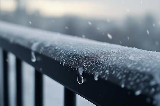 Closeup of snow-covered railing with melting icicles in winter