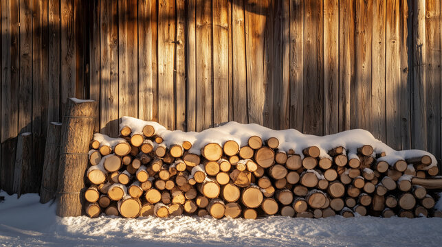 Stacked firewood covered in snow against wooden wall in winter - Powered by Adobe