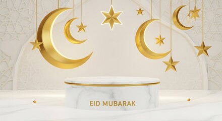 Golden crescent moons and stars hanging above white marble podium with Eid Mubarak text