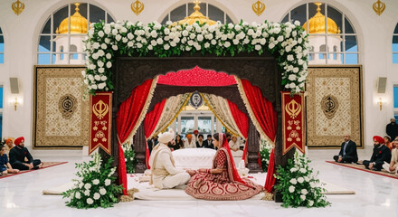 Vibrant Indian wedding mandap glows, adorned with red and white decor. Captures cultural traditions, perfect for wedding services, event planning, and lifestyle visuals.