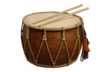 Traditional wooden rope drum with drumsticks, percussion instrument creating rhythm and folk music, transparent background