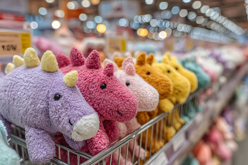 Shopping cart filled with colorful plush dinosaur toys in a brightly lit toy store aisle, surrounded by rows of vibrant stuffed animals.
