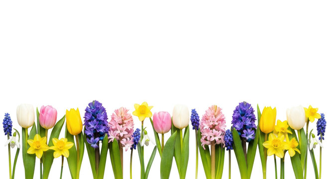 Vibrant row of diverse spring flowers with green stems, against transparent background, soft studio light, sharp focus. Concept of natural vitality and fresh growth
