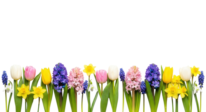 Vibrant row of diverse spring flowers with green stems, against transparent background, soft studio light, sharp focus. Concept of natural vitality and fresh growth