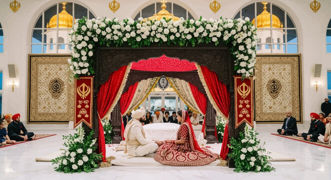 Vibrant Indian wedding mandap glows, adorned with red and white decor. Captures cultural traditions, perfect for wedding services, event planning, and lifestyle visuals.