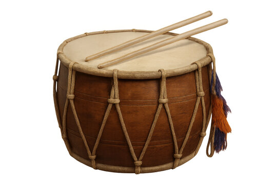 Traditional wooden rope drum with drumsticks, percussion instrument creating rhythm and folk music, transparent background