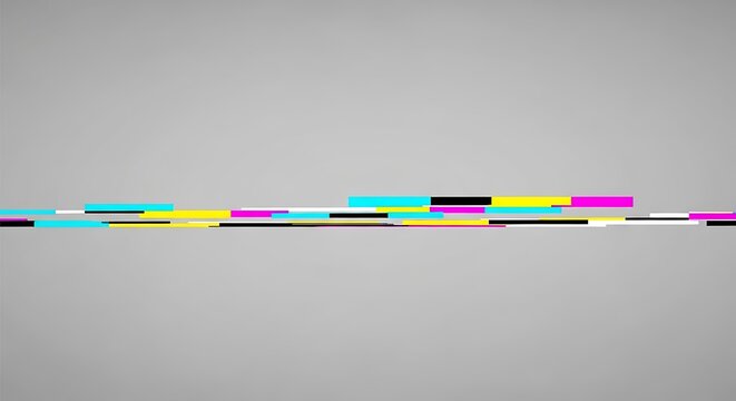 Horizontal Glitch Effect with Cyan Yellow Magenta Black and White Bars on Gray Background