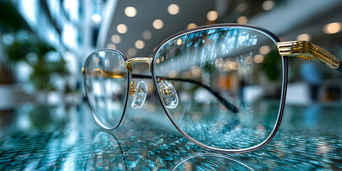 Close-up of modern eyeglasses with transparent lenses resting on a wet reflective surface, with a blurred urban street scene in the background.
