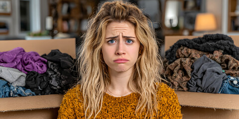 Young woman with a concerned expression sitting on a sofa in a cluttered room, wearing a mustard sweater and scrunchie hat, surrounded by moving boxes.
