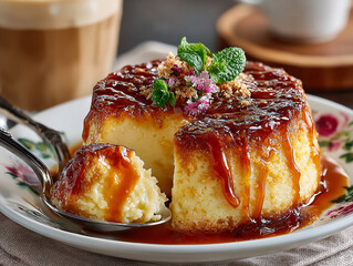 a caramel-flavored flan dessert on a floral plate, being drizzled with a caramel sauce using a spoon. The flan has a golden-brown top with a light-colored center, and it is garnished with mint leaves 