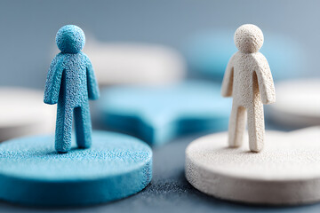 Conceptual image of blue and white textured human-shaped icons standing on circular platforms, symbolizing user profiles, individuality, or digital identity in a minimalistic, modern style.
