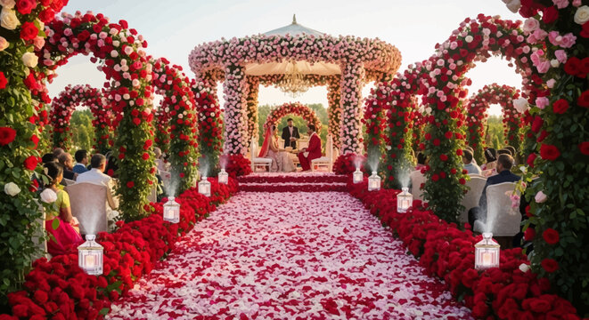 Red and Pink Floral Scene depicts a lavish Indian wedding ceremony, ideal for event branding or a romantic backdrop.