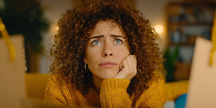 Young woman with a concerned expression sitting on a sofa in a cluttered room, wearing a mustard sweater and scrunchie hat, surrounded by moving boxes.
