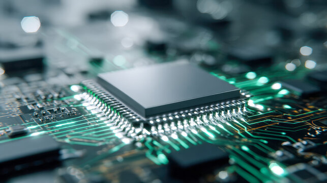 Detailed view of a modern microchip on a circuit board showcasing intricate electronic pathways and glowing green traces in a high-tech environment