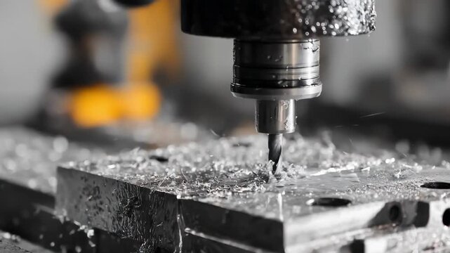 Medium shot capturing a CNC drilling operation on a cast metal piece highlighting exact hole placement and the cutting bit penetrating the material with metal shavings visible.