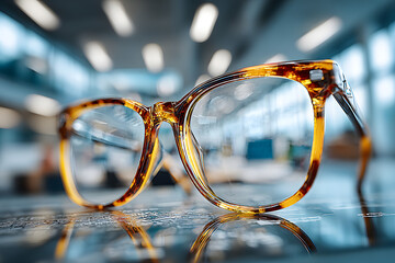 Close-up of modern eyeglasses with transparent lenses resting on a wet reflective surface, with a blurred urban street scene in the background.
