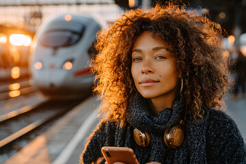 Young woman with natural curly hair and headphones around her neck standing at a train station during golden hour, holding a smartphone and looking confidently ahead.
