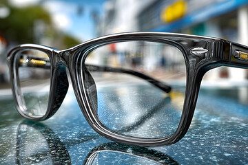 Close-up of modern eyeglasses with transparent lenses resting on a wet reflective surface, with a blurred urban street scene in the background.
