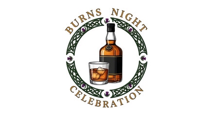 Burns night celebration with whisky bottle and glass illustration