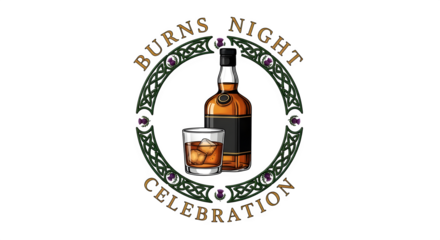 Burns night celebration with whisky bottle and glass illustration