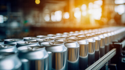 Fototapeta premium Rows of metal beverage cans arranged on a conveyor belt inside a factory with warm sunlight illuminating the industrial production setting at sunset