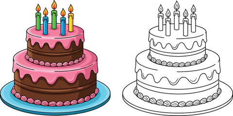 Birthday Cake with Candles Cartoon Coloring Page, Layered Chocolate Cake with Pink Icing, Celebration Outline and Color Illustration Vector