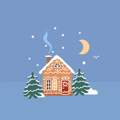 Gingerbread house in snowy winter landscape with Christmas trees, moon and falling snow, cozy festive holiday illustration of sweet cookie home for Christmas and New Year cards, seasonal vector design