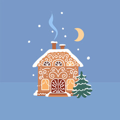 Cute gingerbread cookie house with snow, chimney smoke, spruce trees and night sky, cozy winter holiday scene, festive Christmas and New Year vector illustration for greeting cards and decorations