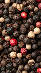 Obraz premium A tight close up of a small pile of dark peppercorns on a clean surface, showing rich texture, natural spice detail, and a rustic culinary mood with simple minimal composition. 