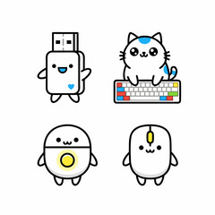Four cute cartoon tech characters including a USB drive, a cat on a keyboard, a mouse, and another device, all with happy faces.