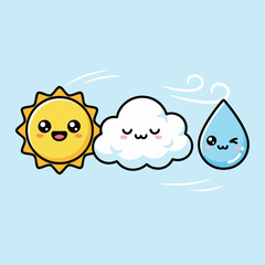 Cute cartoon sun, cloud, and raindrop with happy faces on a light blue background, representing weather elements.