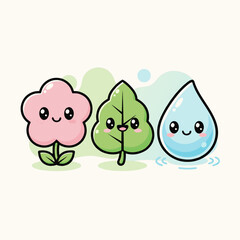 Obraz premium Cute kawaii style illustration of a smiling pink flower, green leaf, and blue water drop representing nature elements.