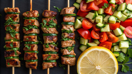 Delicious grilled meat skewers with fresh chopped salad and a lemon slice overhead view