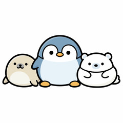 Obraz premium Three adorable cartoon arctic animals, a seal, penguin, and polar bear, sitting together in a cute illustration.