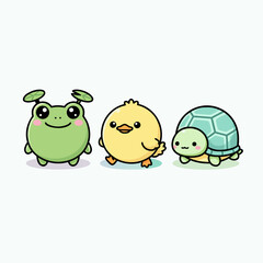 Three cute cartoon animals: a frog, a chick, and a turtle, depicted in a charming, simple, and friendly style on a white background.