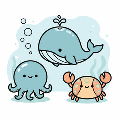 Cute cartoon sea animals illustration with a whale, octopus, and crab in a light blue underwater scene with bubbles.