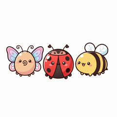 Three adorable cartoon insects: a butterfly, a ladybug, and a bee, with cute faces on a white background.
