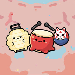 Cute cartoon Japanese lantern, taiko drum, and Kitsune mask with smiling faces on a festive background.