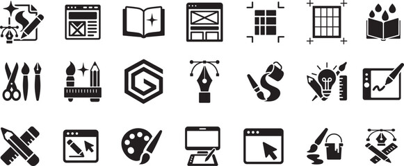 Graphic design icon set showing creative tools, layout elements and art symbols in bold vector style. © Md.Ataullah