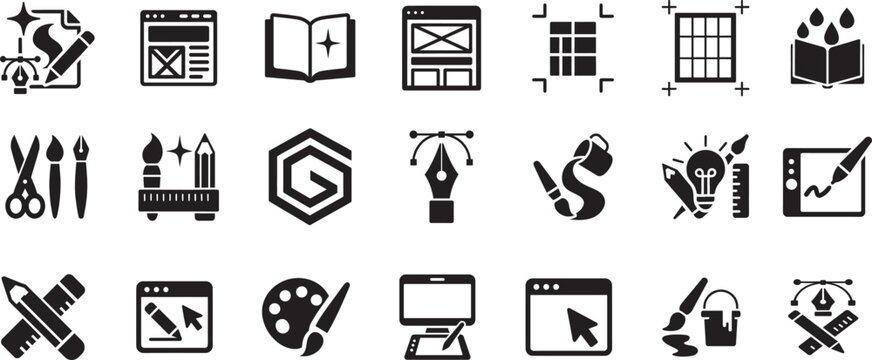 Graphic design icon set showing creative tools, layout elements and art symbols in bold vector style.