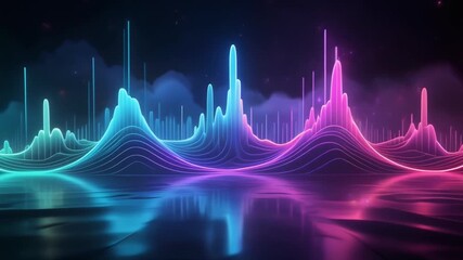 Vibrant neon audio waveform landscape glowing with futuristic digital energy and reflections on a dark background - Powered by Adobe