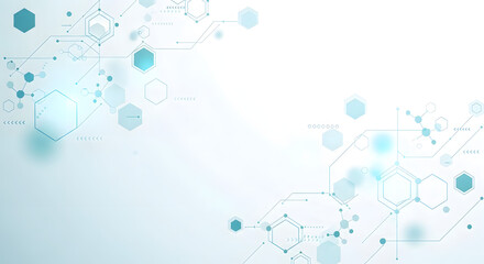 Abstract scientific network of blue hexagons and connecting lines on a white background